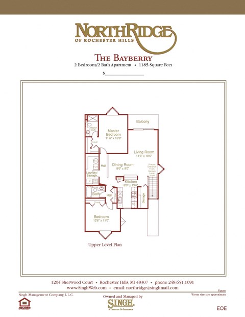 Floor plan for 2 beds, 2 baths, 1185 sqft